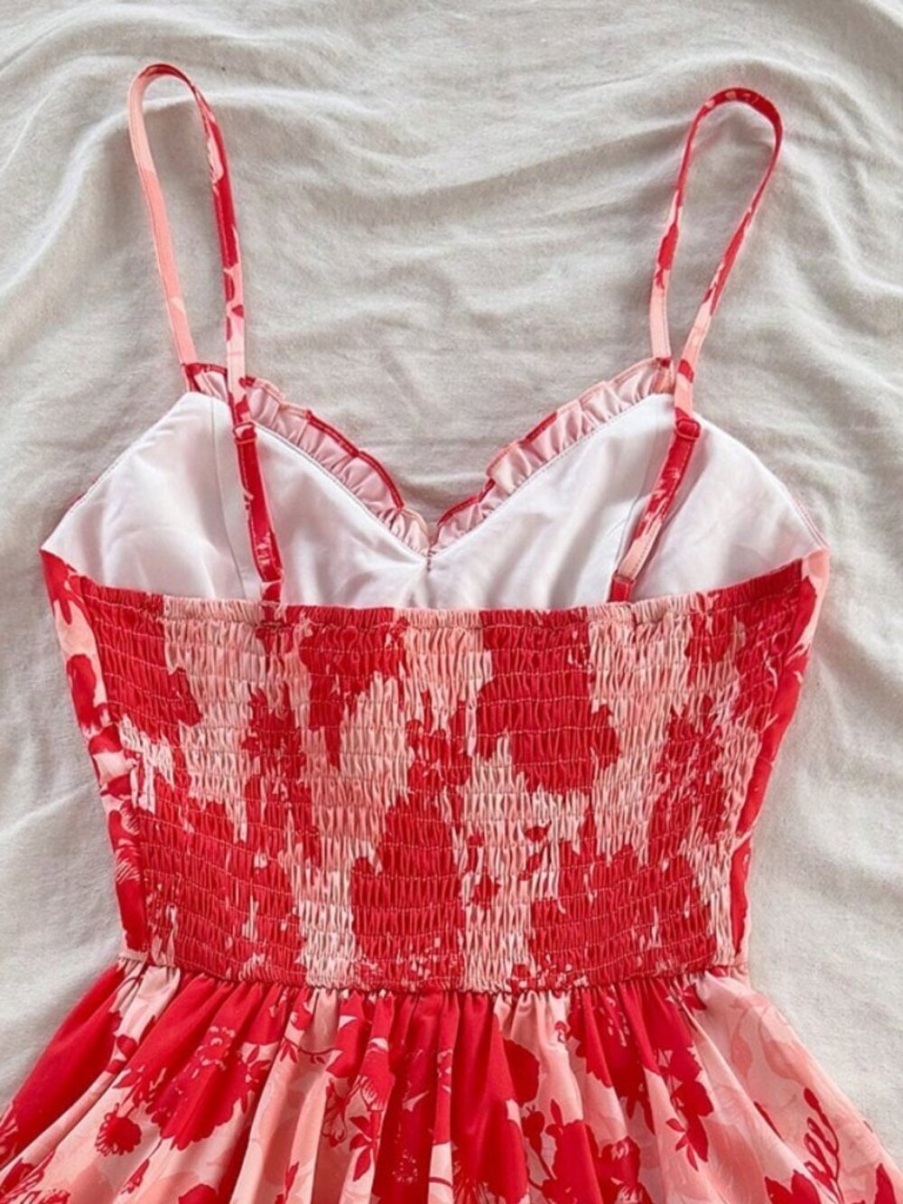 Red Boho Women's Ruffle Collar, Ruched Waist Spaghetti Strap A-Line Romper - Picture 9 of 12